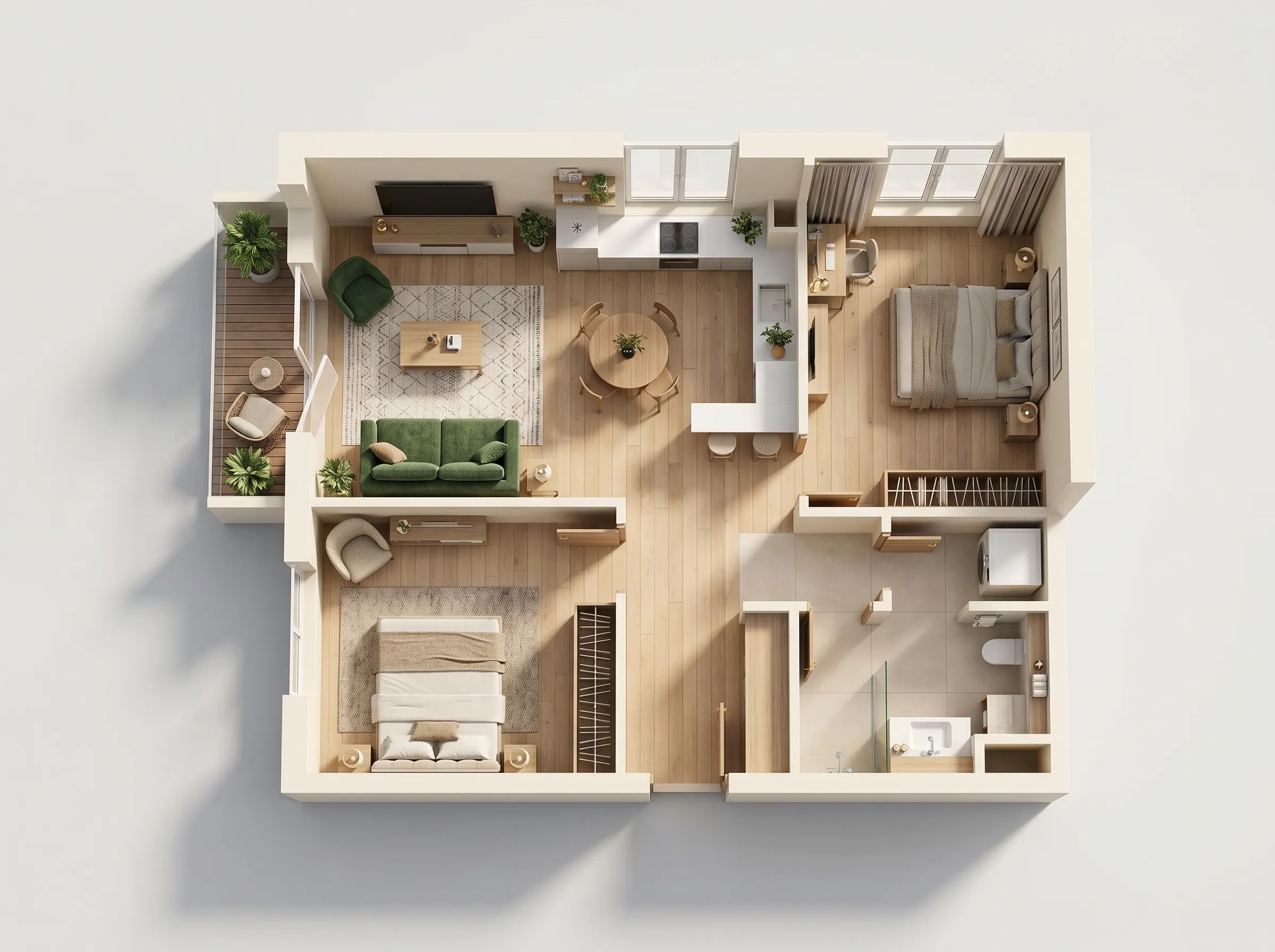 Photorealistic 3D rendering of the same apartment, fully furnished